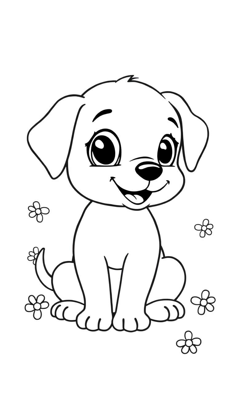 Zwart-witte lijntekening van een vrolijke puppy als kleurplaat.