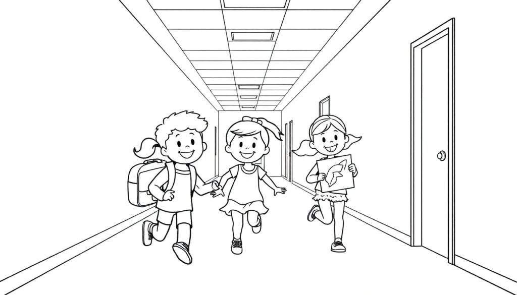 Kleurplaat van lachende kinderen in een schoolgang.