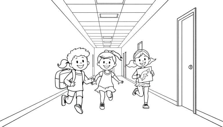 Kleurplaat van lachende kinderen in een schoolgang.