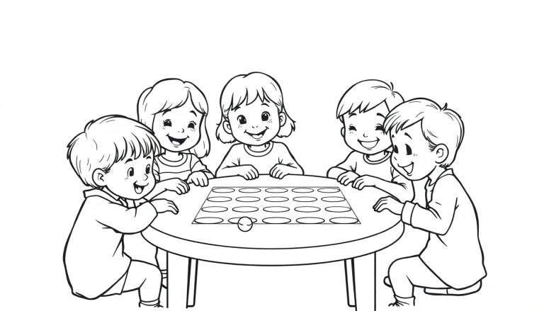 Kleurplaat van vijf lachende kinderen die sjoelen bij een ronde tafel.