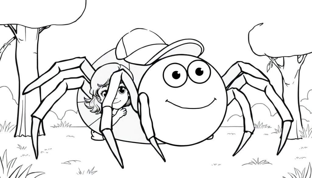 Een grappige spin met pet en een lachend gezicht, met een meisje dat erachter gluurt, klaar om ingekleurd te worden als een kleurplaat.