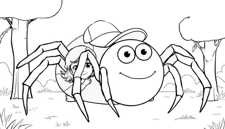 Een grappige spin met pet en een lachend gezicht, met een meisje dat erachter gluurt, klaar om ingekleurd te worden als een kleurplaat.