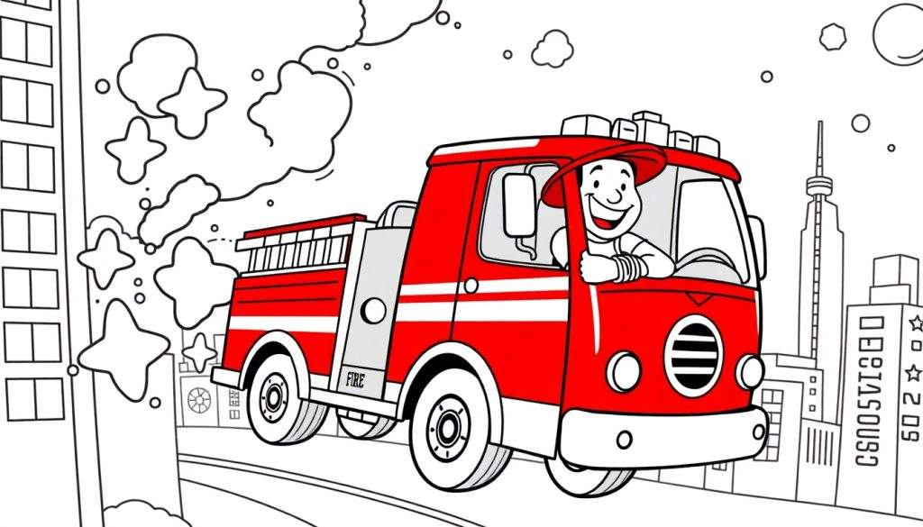 Kleurplaat van een futuristische brandweerauto met een lachende brandweerman.