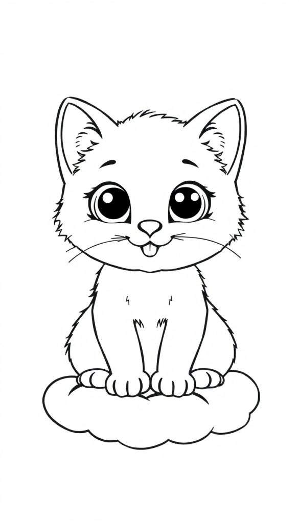 Zwart-wit kleurplaat van een schattige cartoonkat op een wolk, klaar om ingekleurd te worden.