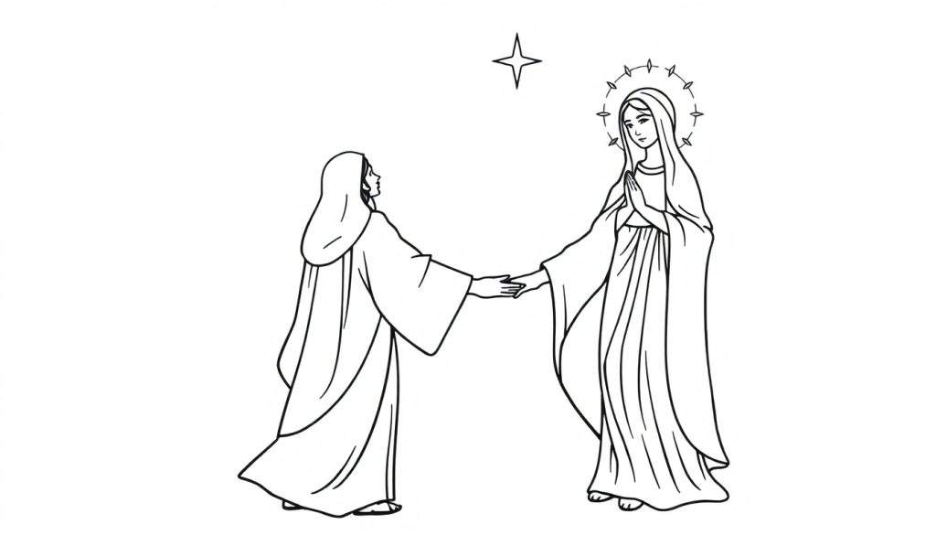 Kleurplaat van twee vrouwen die elkaar de hand schudden onder een ster, één met een halo.
