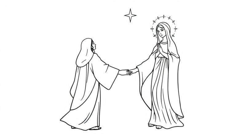 Kleurplaat van twee vrouwen die elkaar de hand schudden onder een ster, één met een halo.