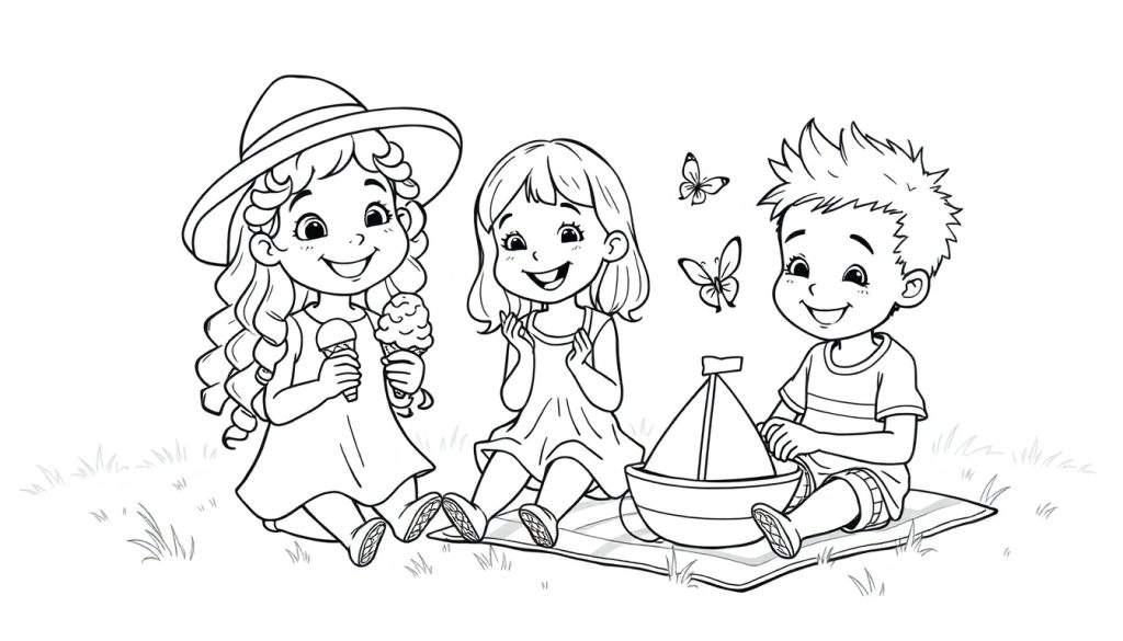 Kleurplaat van drie kinderen op een kleed in het gras, met een meisje met een grote hoed en ijsjes, en een jongen die met een bootje speelt.