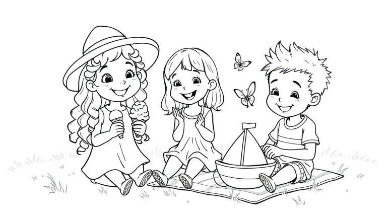 Kleurplaat van drie kinderen op een kleed in het gras, met een meisje met een grote hoed en ijsjes, en een jongen die met een bootje speelt.