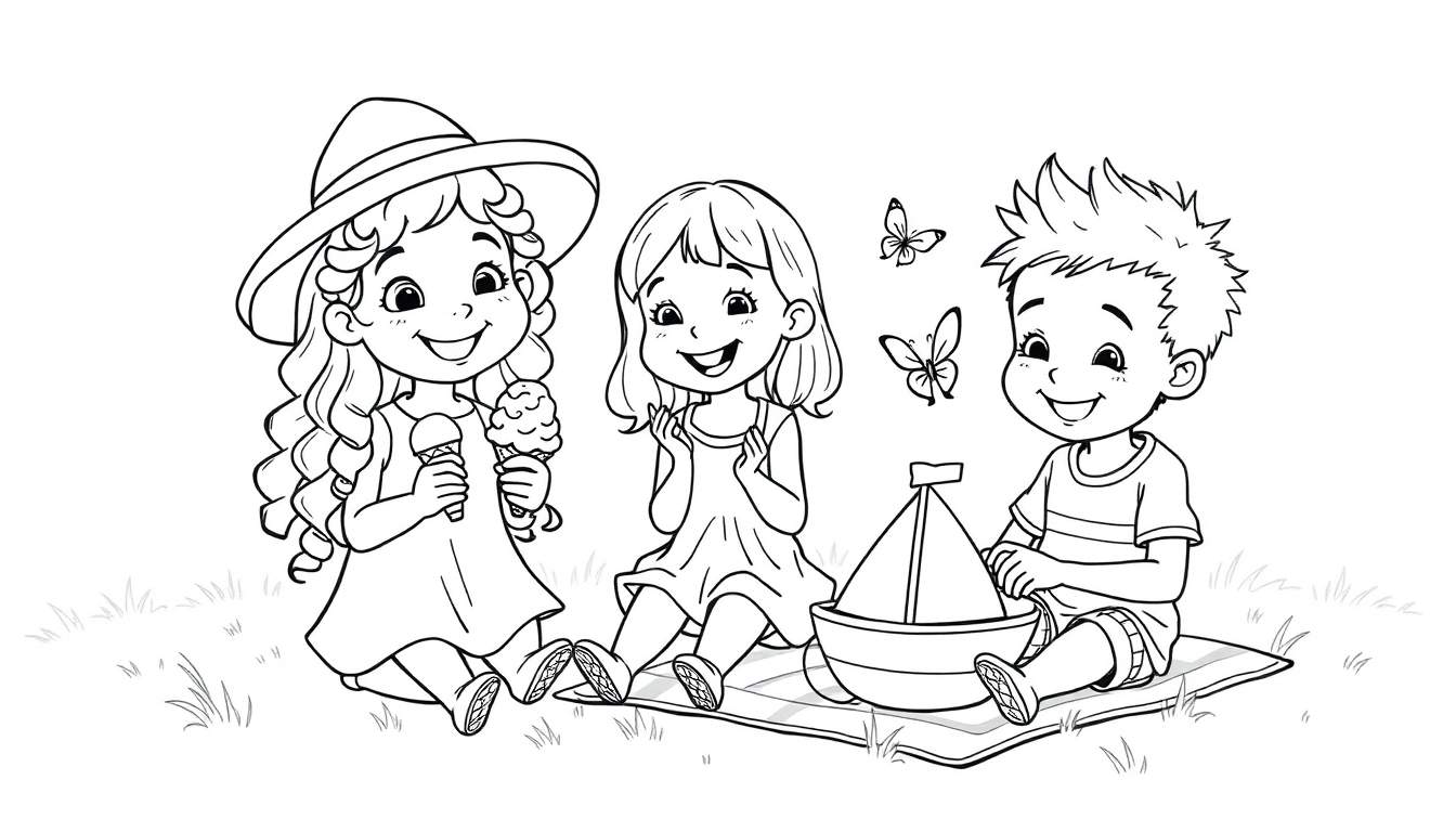 Kleurplaat van drie kinderen op een kleed in het gras, met een meisje met een grote hoed en ijsjes, en een jongen die met een bootje speelt.