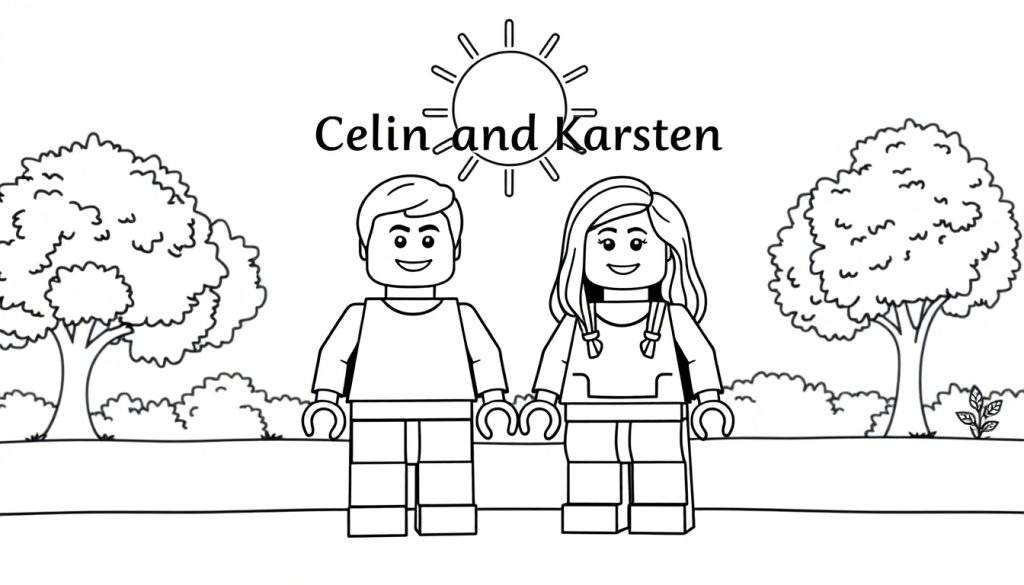 Zwart-wit kleurplaat van twee LEGO-minifiguren, een jongen en een meisje, die elkaars handen vasthouden onder de tekst 'Celin and Karsten' en een zon.