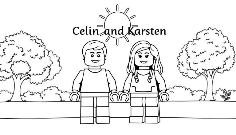 Zwart-wit kleurplaat van twee LEGO-minifiguren, een jongen en een meisje, die elkaars handen vasthouden onder de tekst 'Celin and Karsten' en een zon.