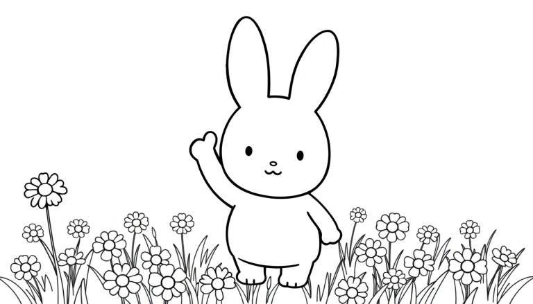 Zwart-wit kleurplaat van een zwaaiend konijntje in een bloemenveld.