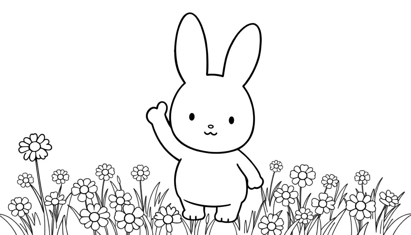Zwart-wit kleurplaat van een zwaaiend konijntje in een bloemenveld.