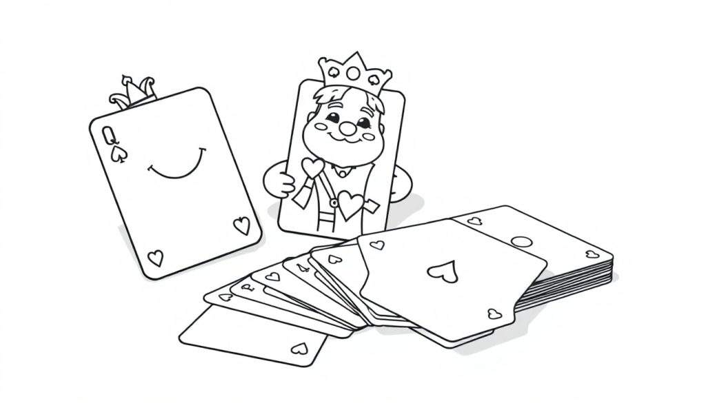 Kleurplaat van speelkaarten met een koning en een lachend gezicht.