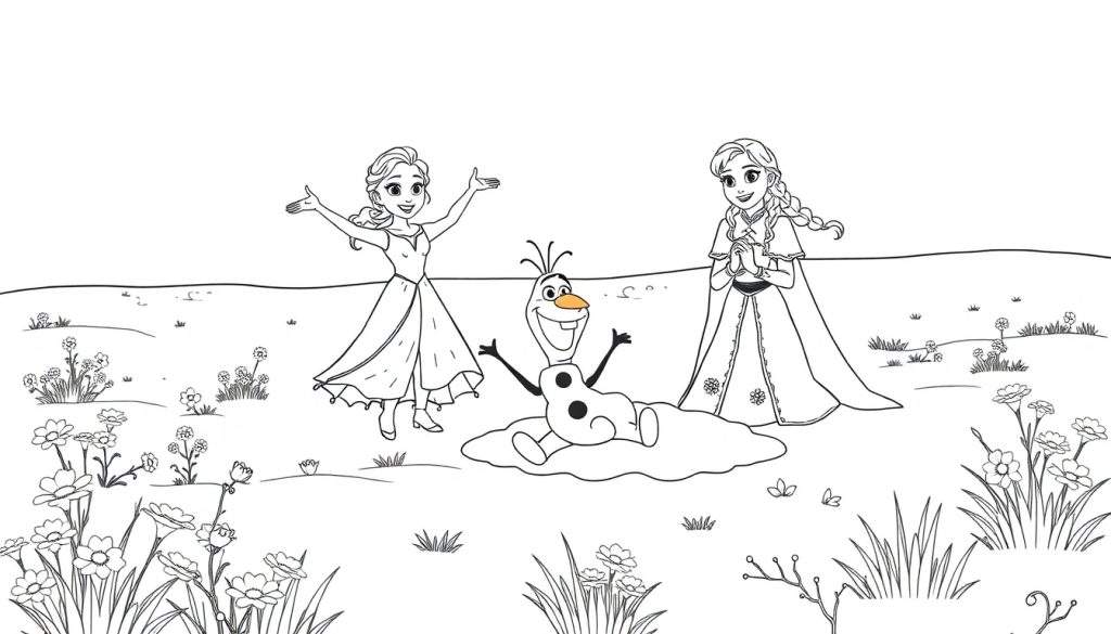 Kleurplaat van Elsa, Anna en Olaf in de sneeuw met bloemen en gras.