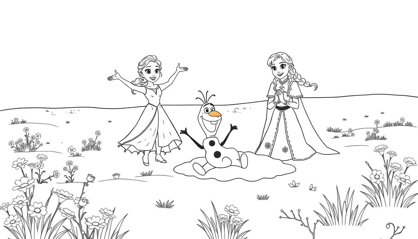 Kleurplaat van Elsa, Anna en Olaf in de sneeuw met bloemen en gras.