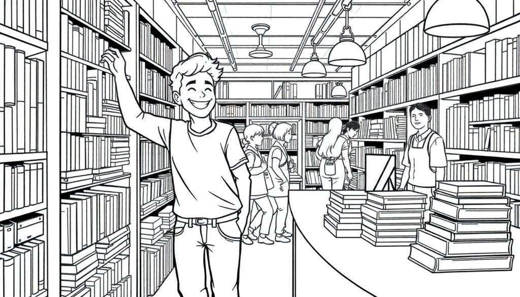 Een jongen in een bibliotheek zoekt een boek, omringd door boekenkasten, een kleurplaat van kennis.