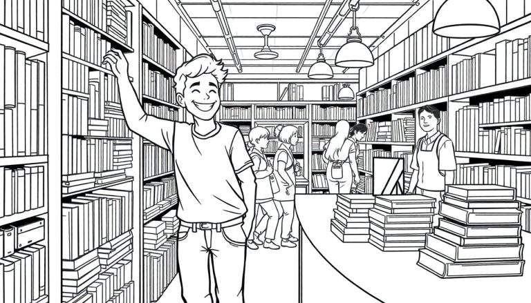 Een jongen in een bibliotheek zoekt een boek, omringd door boekenkasten, een kleurplaat van kennis.