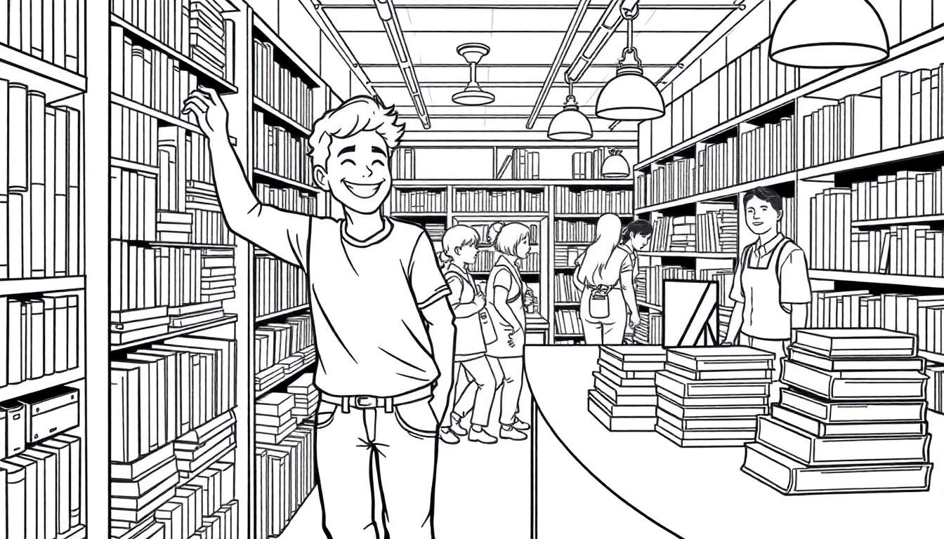 Een jongen in een bibliotheek zoekt een boek, omringd door boekenkasten, een kleurplaat van kennis.