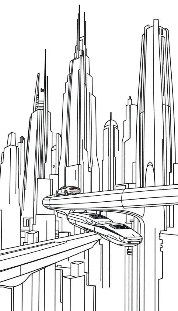Een futuristische stad met hoge gebouwen en vliegende auto's, een kleurplaat van de toekomst.