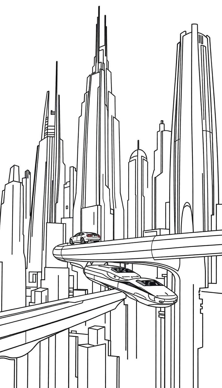 Een futuristische stad met hoge gebouwen en vliegende auto's, een kleurplaat van de toekomst.