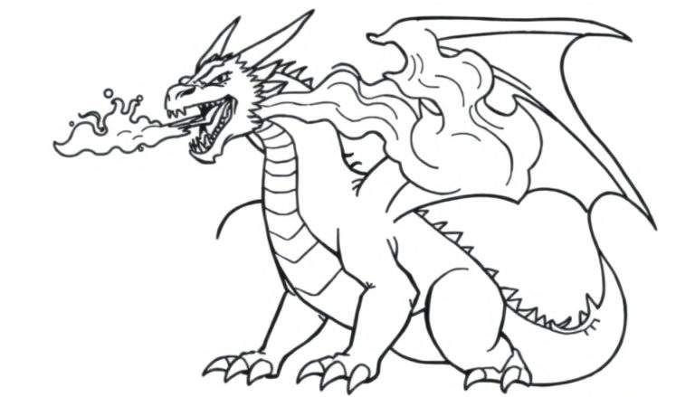 Kleurplaat van een boze draak die vuur spuwt met grote vleugels.