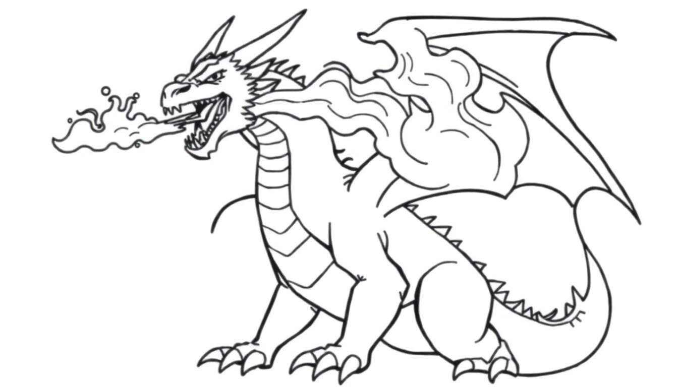 Kleurplaat van een boze draak die vuur spuwt met grote vleugels.