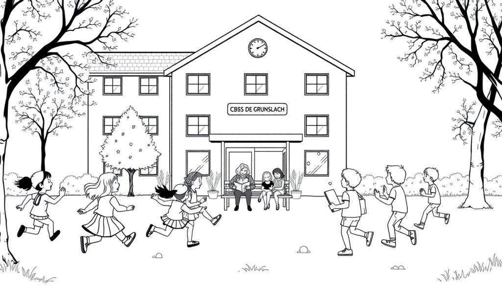 Kleurplaat van CBSS De Grunslach met spelende kinderen.