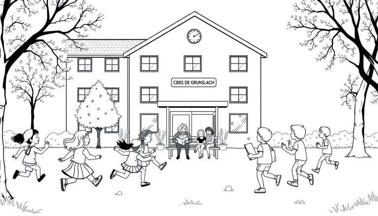 Kleurplaat van CBSS De Grunslach met spelende kinderen.