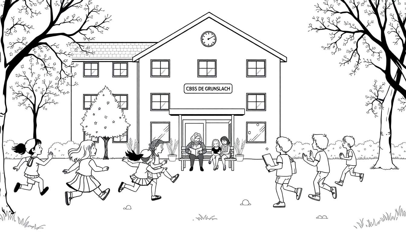 Kleurplaat van CBSS De Grunslach met spelende kinderen.
