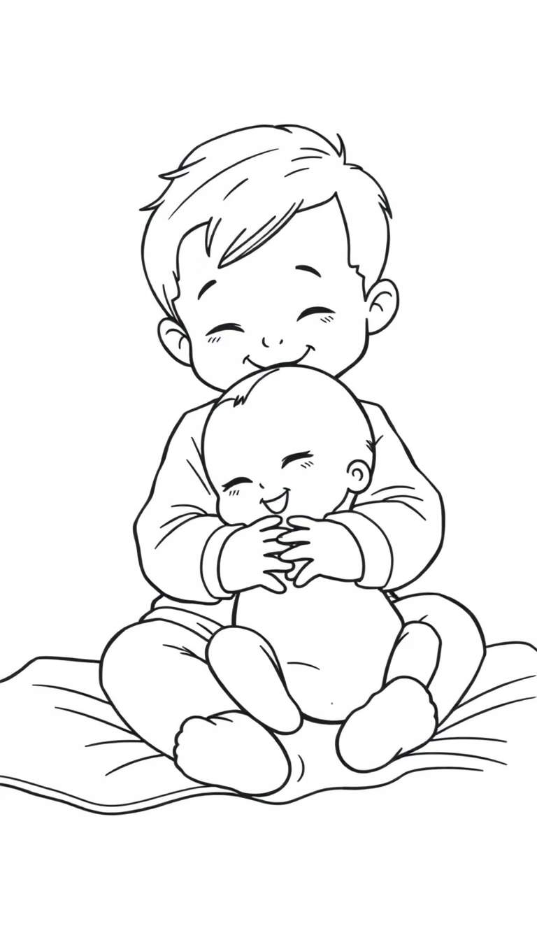 Een zwart-wit kleurplaat van twee lachende baby's, één zit op een kussen en de ander op zijn schoot, knuffelend.