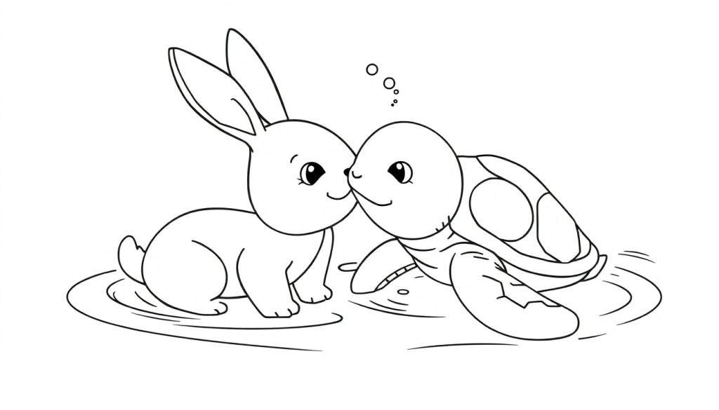 Kleurplaat van een konijn en schildpad die elkaar een kusje geven.