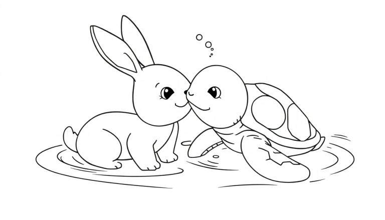 Kleurplaat van een konijn en schildpad die elkaar een kusje geven.