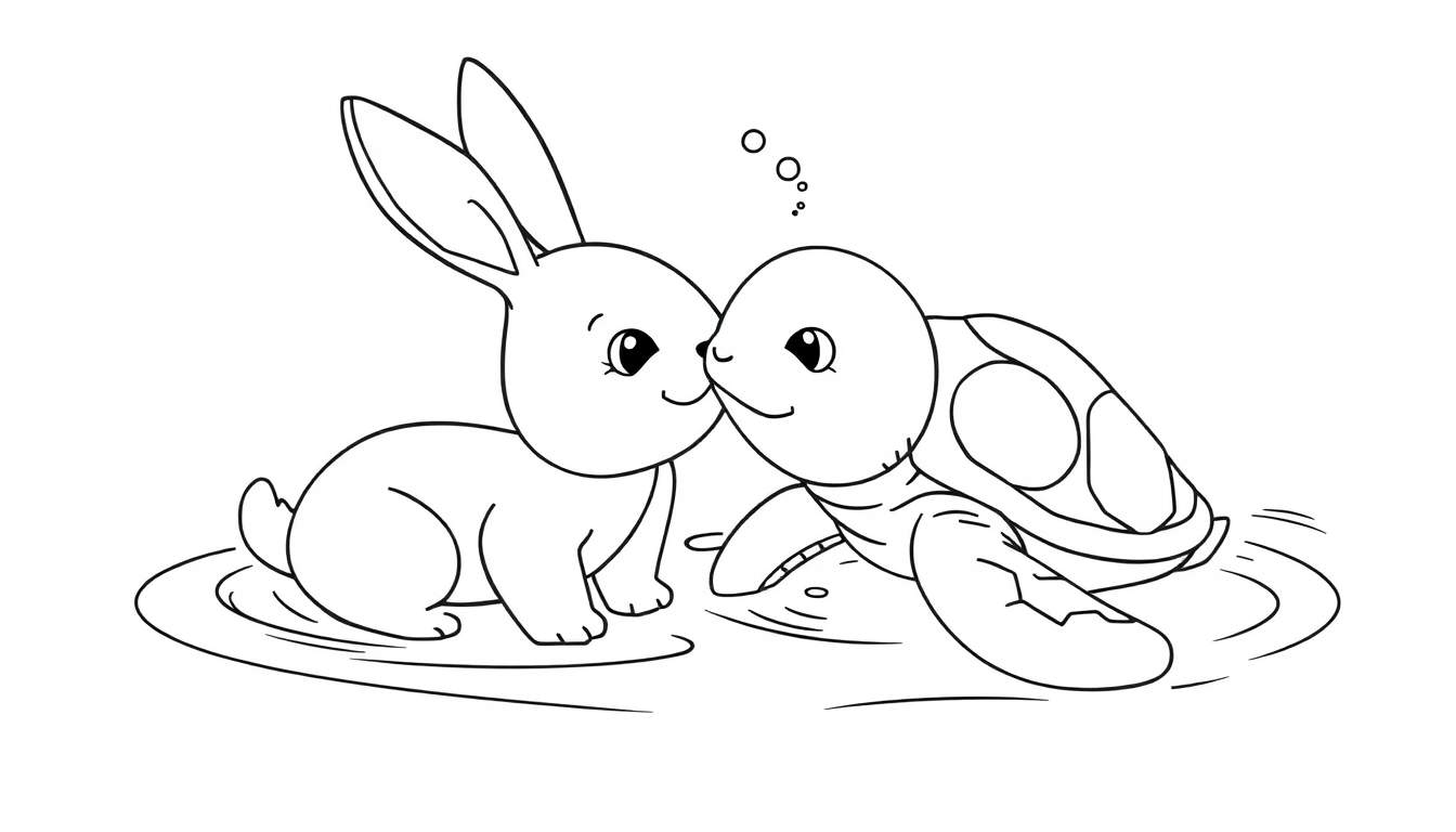 Kleurplaat van een konijn en schildpad die elkaar een kusje geven.