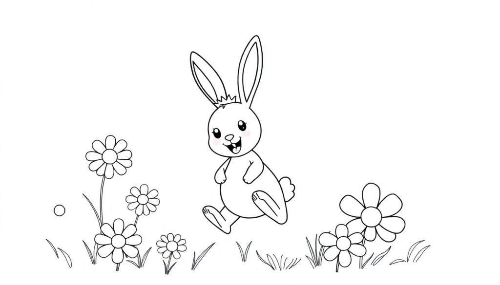 Vrolijk konijn springt door bloemenveld, kleurplaat