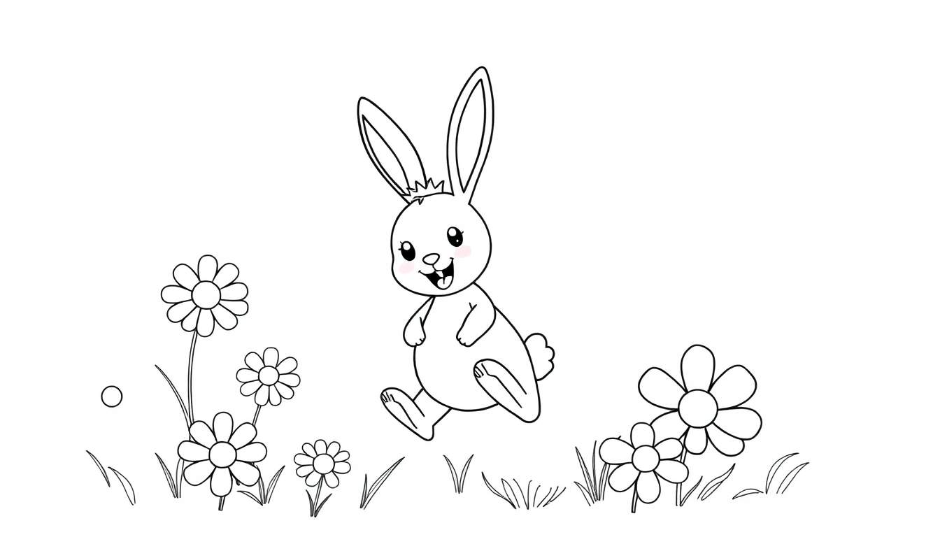 Vrolijk konijn springt door bloemenveld, kleurplaat