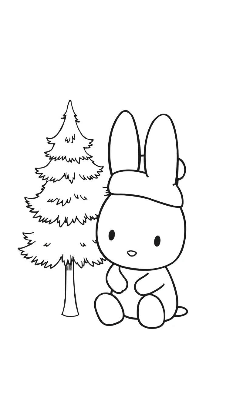 Een zwart-witte kleurplaat van een konijn met een kerstmuts naast een kerstboom.