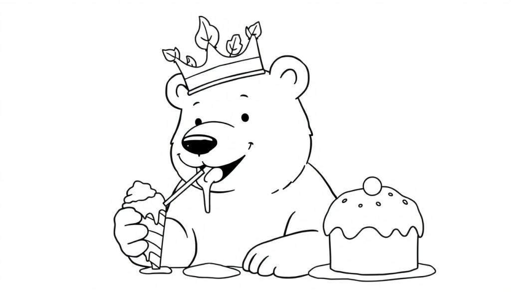 Kleurplaat van een vrolijke beer met kroon die ijs en een cupcake eet.