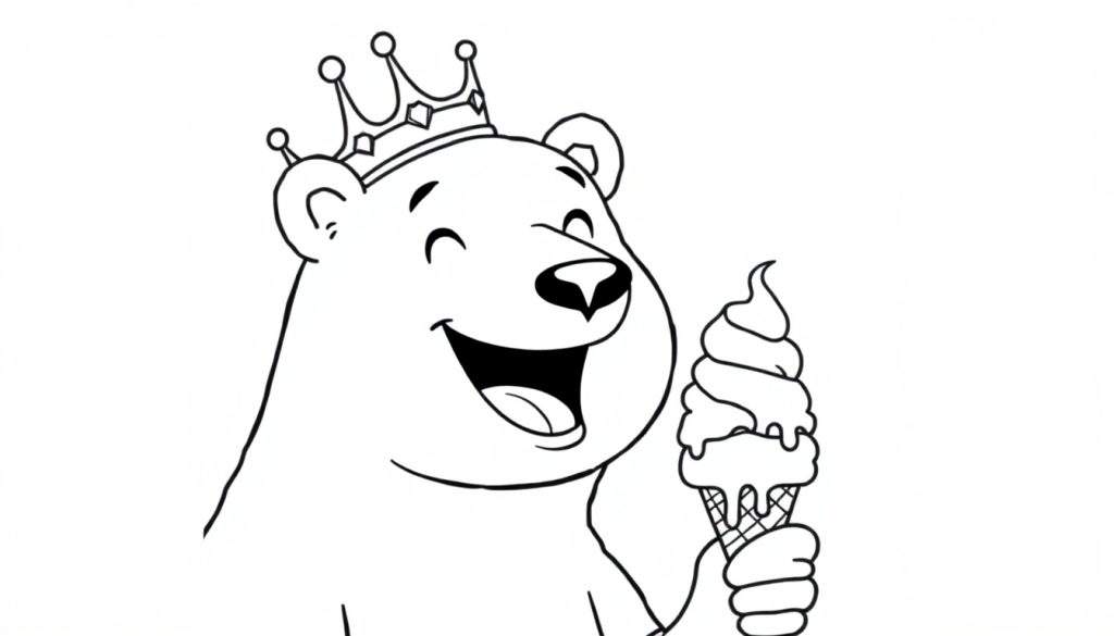 Een tekenfilm beer met een kroon en een ijsje, voor een kleurplaat.