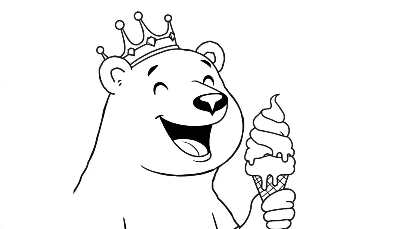 Een tekenfilm beer met een kroon en een ijsje, voor een kleurplaat.