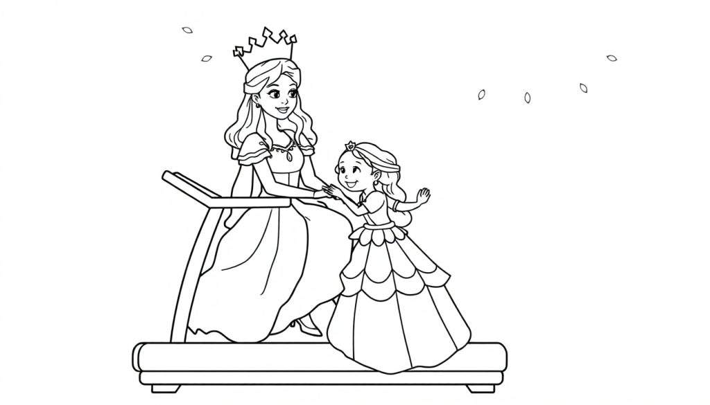 Kleurplaat van een koningin en prinses op een loopband.