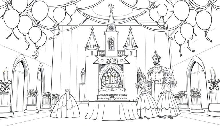 Kleurplaat van een koninklijke verjaardag in een kasteel met ballonnen, een taart en een lachende koninklijke familie.