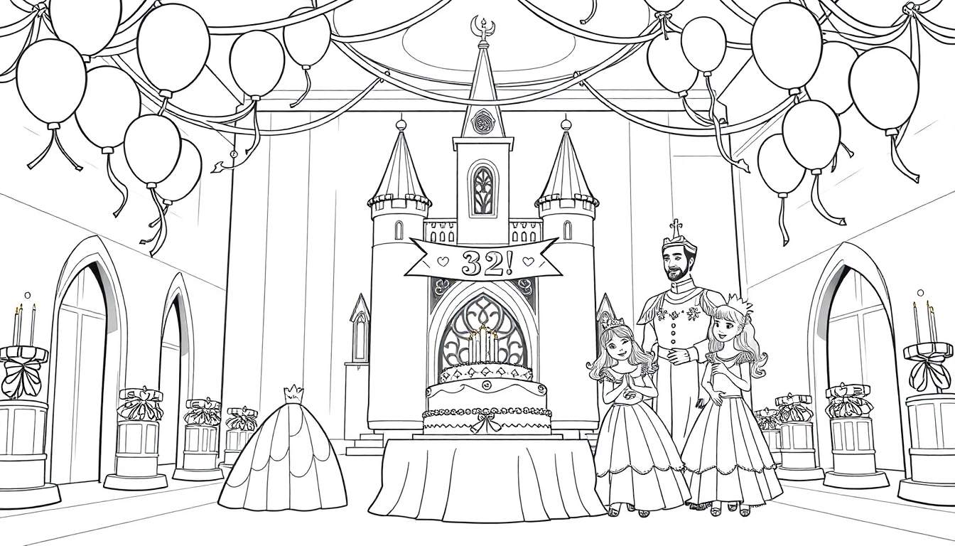 Kleurplaat van een koninklijke verjaardag in een kasteel met ballonnen, een taart en een lachende koninklijke familie.