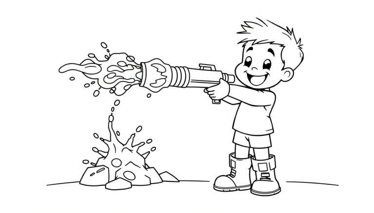 Vrolijke jongen met een waterpistool dat lava schiet, in de stijl van een kleurplaat.