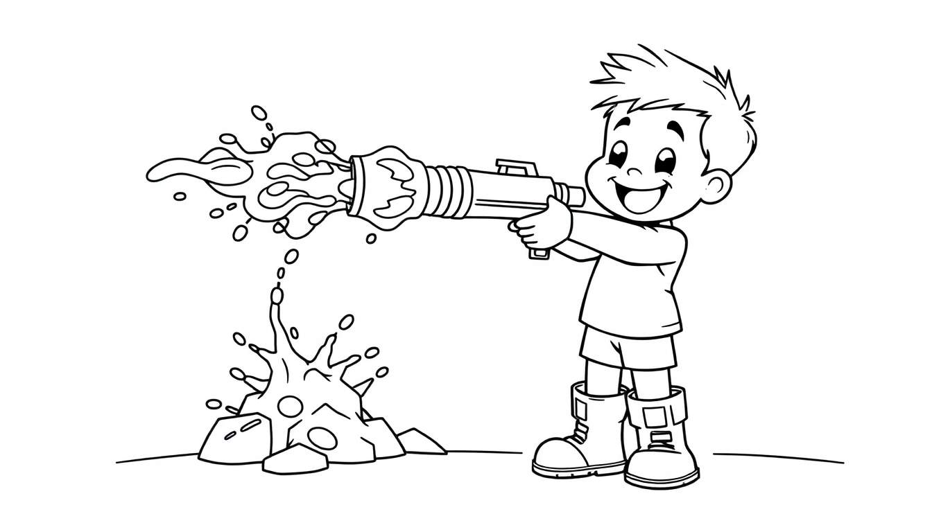 Vrolijke jongen met een waterpistool dat lava schiet, in de stijl van een kleurplaat.