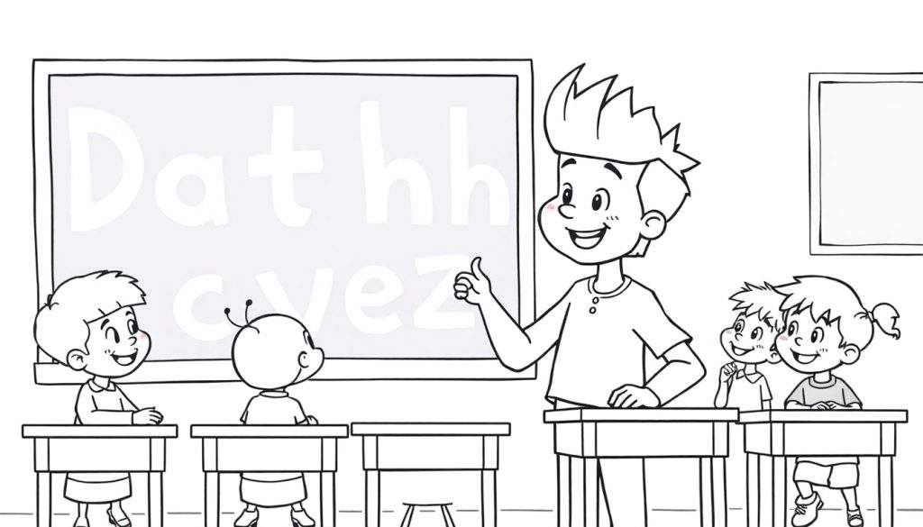 Kleurplaat van een Nederlandse les met een docent met mullet die zijn duim opsteekt.