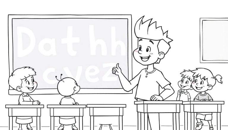 Kleurplaat van een Nederlandse les met een docent met mullet die zijn duim opsteekt.