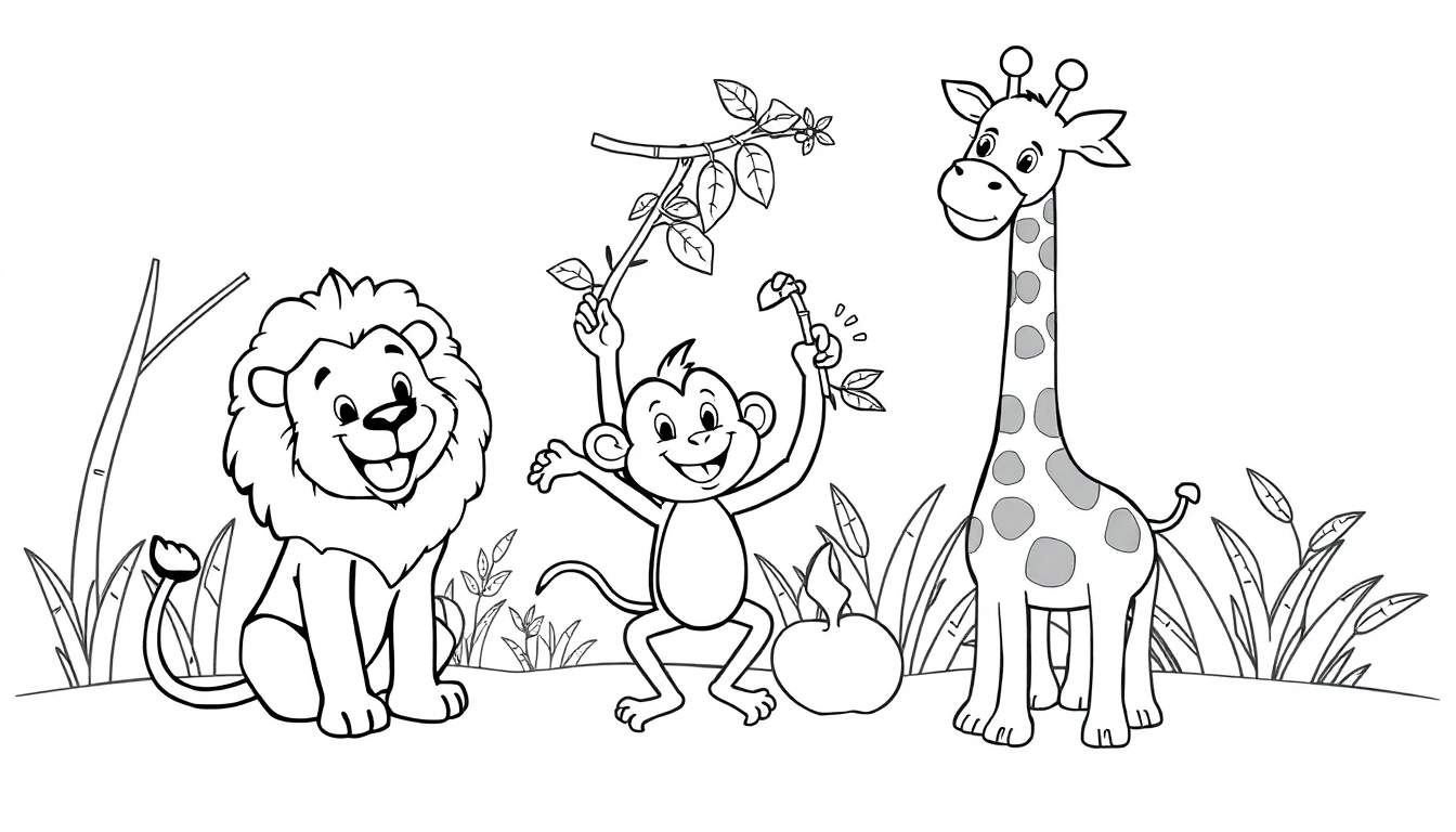 Kleurplaat van een leeuw, aap en giraffe in de jungle.