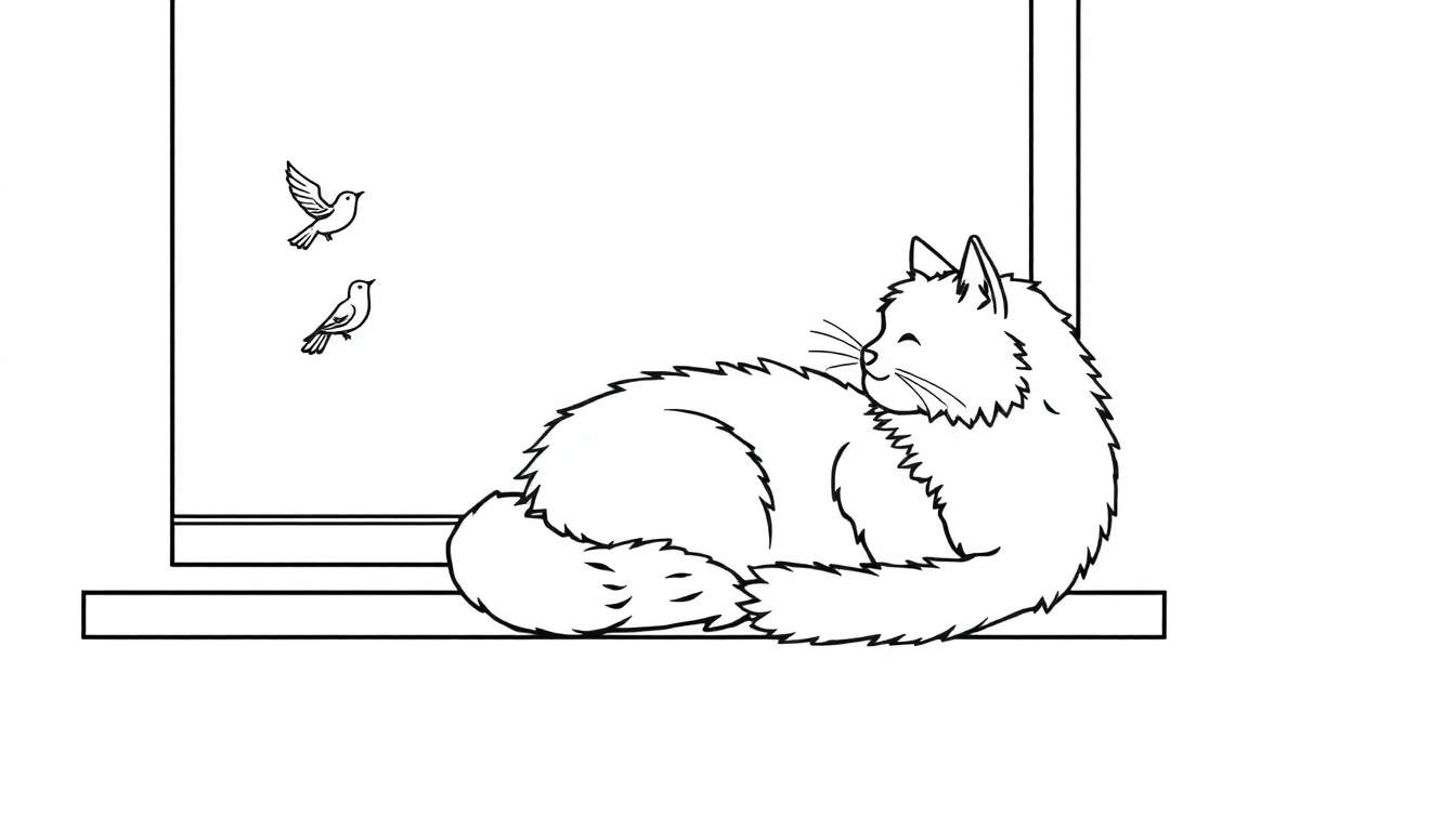 Kleurplaat van een kat op de vensterbank met vogels buiten.