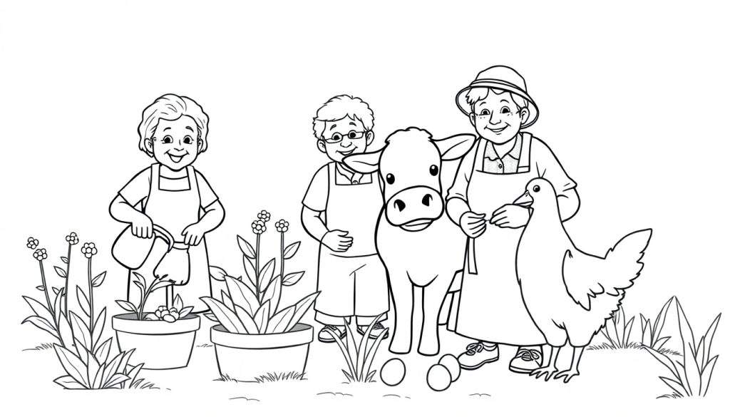 Kleurplaat van een boerderij met ouderen en een kalf.